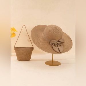 🆕 2pcs/Set Women's  Fashionable Khaki Sun Hat, With Woven Crossbody Bag